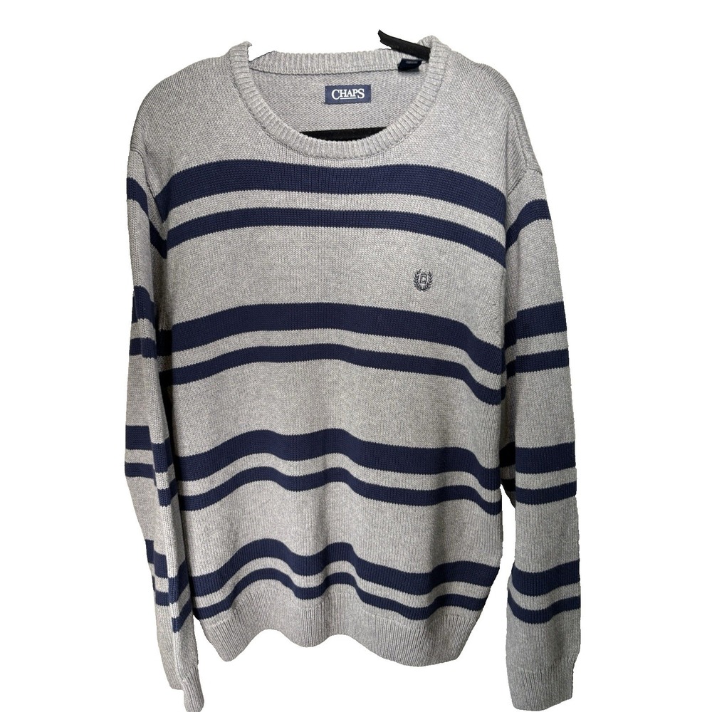 Chaps Mens Knit Sweater Sz XL Striped Gray Blue Casual Club Embroidered Logo